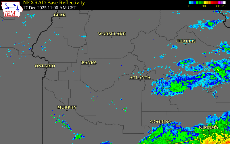 NEXRAD radar during the Wednesday, December 17, 2025 storm activity in Boise County, Idaho