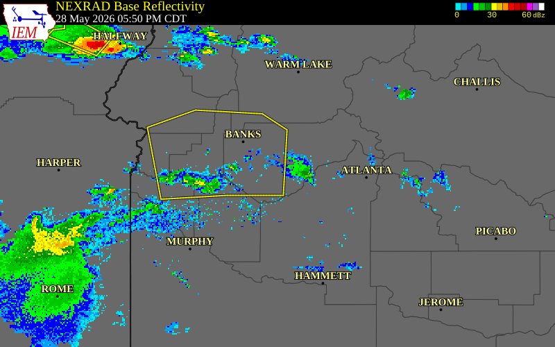 NEXRAD radar during the Thursday, May 28, 2026 storm activity in Boise County, Idaho