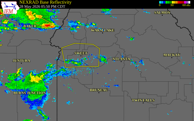 Radar snapshot during the May 28, 2026 wind event near Idaho City, Boise County, Idaho, with NWS warning polygons