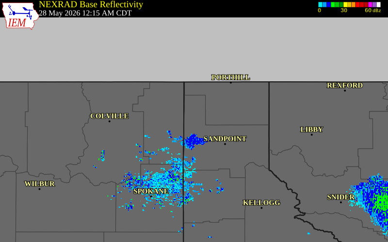 NEXRAD radar during the Wednesday, May 27, 2026 storm activity in Bonner County, Idaho