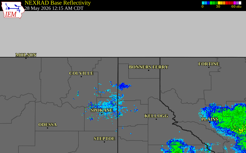 Radar snapshot during the May 27, 2026 wind event near 6 NW Coolin, Bonner County, Idaho, with NWS warning polygons