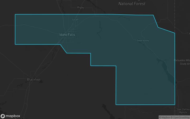 Map of Bonneville County, Idaho showing the county boundary and surrounding cities