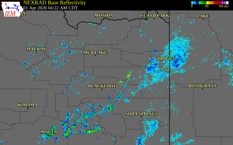 NEXRAD radar during the Wednesday, April 1, 2026 storm activity in Bonneville County, Idaho