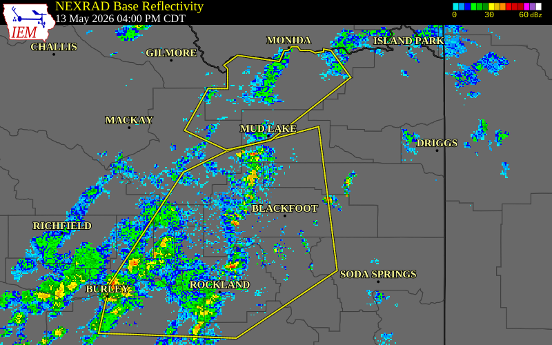 NEXRAD radar during the Wednesday, May 13, 2026 storm activity in Bonneville County, Idaho