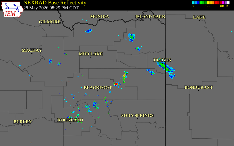 NEXRAD radar during the Thursday, May 28, 2026 storm activity in Bonneville County, Idaho