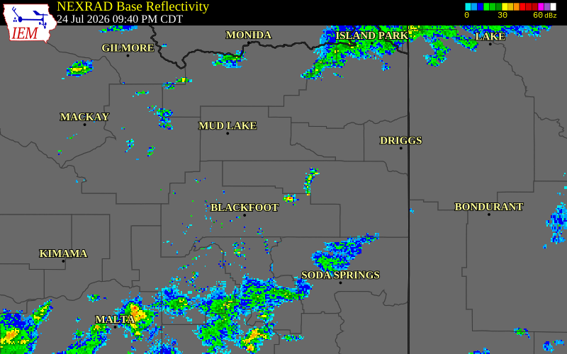 NEXRAD radar during the Friday, July 24, 2026 storm activity in Bonneville County, Idaho