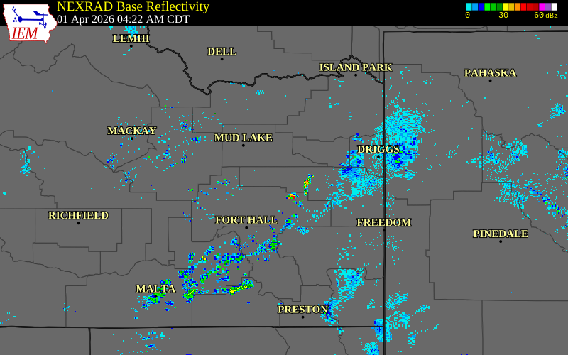 Radar snapshot during the Apr 1, 2026 wind event near 2 NW Idaho Falls, Bonneville County, Idaho, with NWS warning polygons