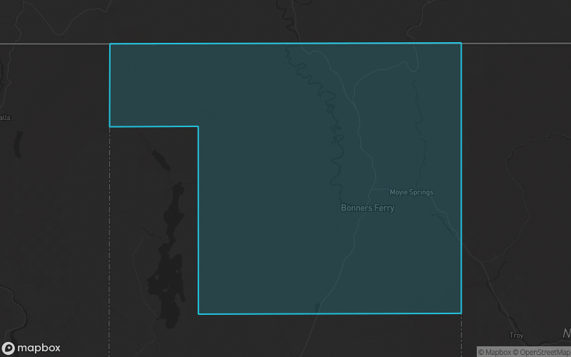 Map of Boundary County, Idaho showing the county boundary and surrounding cities