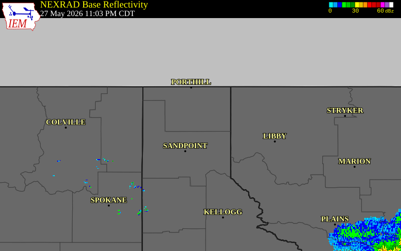 NEXRAD radar during the Wednesday, May 27, 2026 storm activity in Boundary County, Idaho