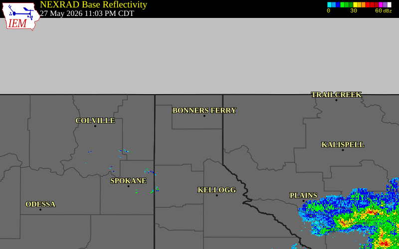 Radar snapshot during the May 27, 2026 wind event near Naples, Boundary County, Idaho, with NWS warning polygons