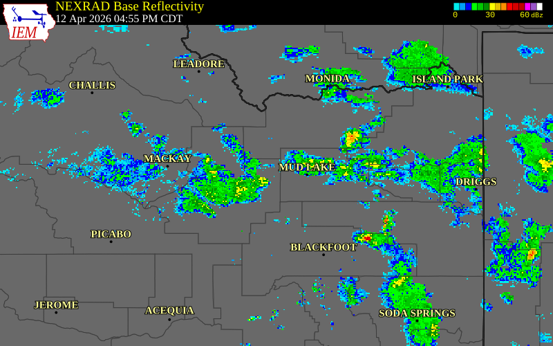 NEXRAD radar during the Sunday, April 12, 2026 storm activity in Butte County, Idaho