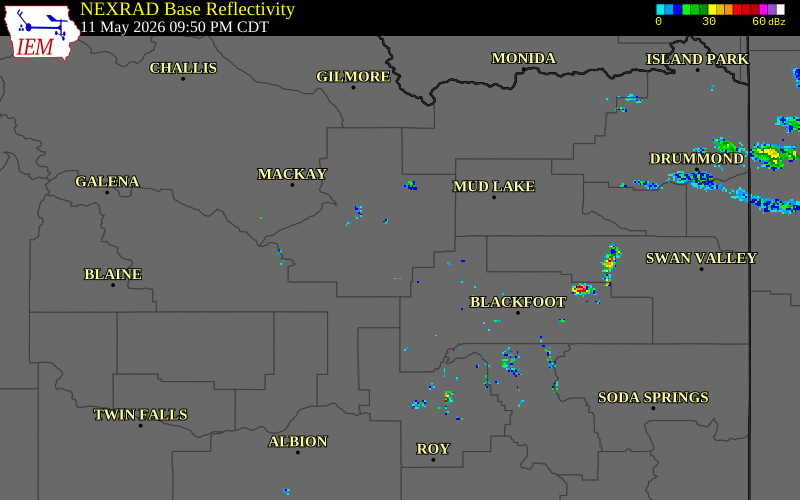 NEXRAD radar during the Monday, May 11, 2026 storm activity in Butte County, Idaho
