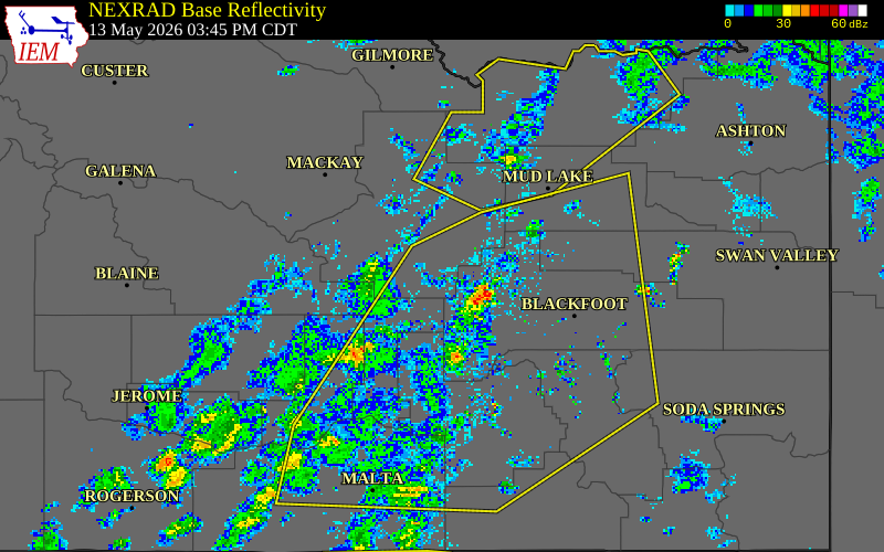 NEXRAD radar during the Wednesday, May 13, 2026 storm activity in Butte County, Idaho