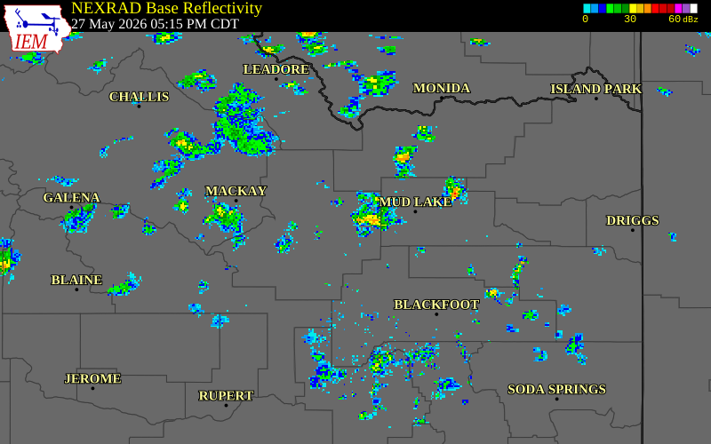 NEXRAD radar during the Wednesday, May 27, 2026 storm activity in Butte County, Idaho