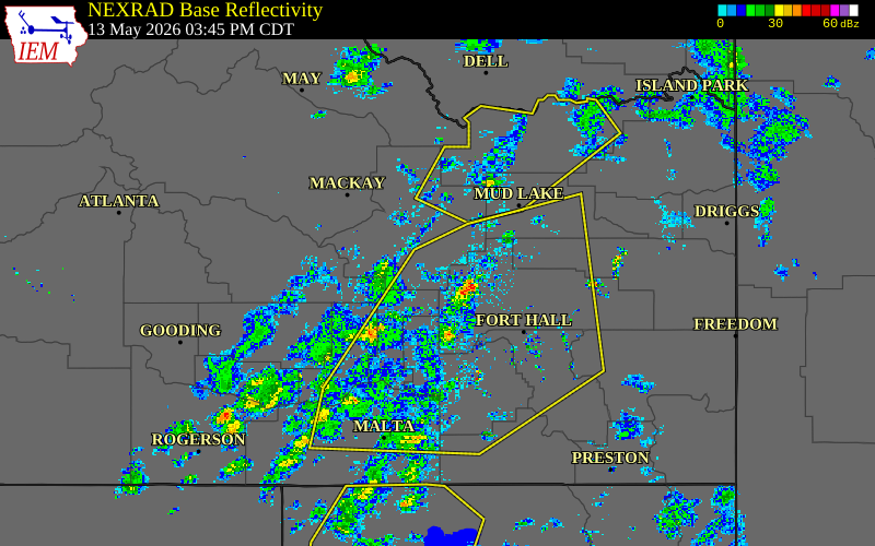 Radar snapshot during the May 13, 2026 wind event near 11 WSW Atomic City, Butte County, Idaho, with NWS warning polygons
