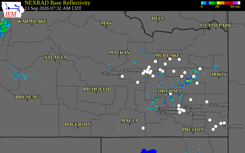 Current NEXRAD radar over Butte County, Idaho with recent storm report locations