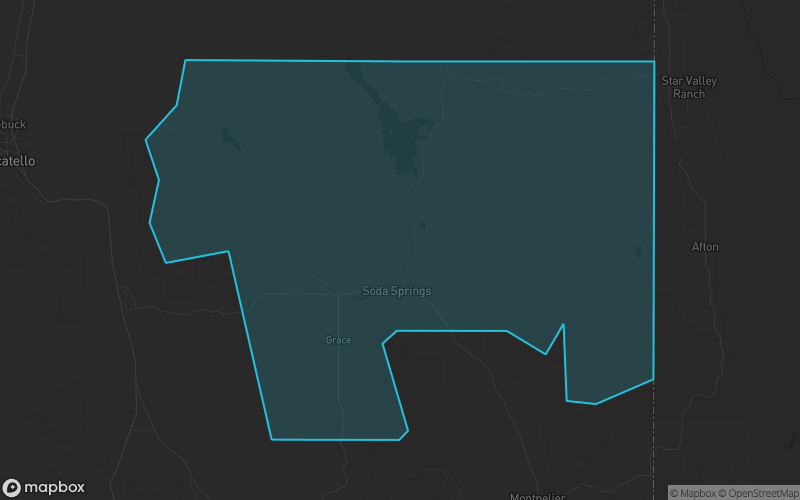 Map of Caribou County, Idaho showing the county boundary and surrounding cities