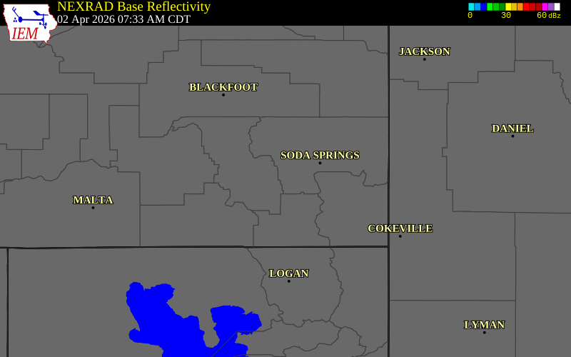 NEXRAD radar during the Thursday, April 2, 2026 storm activity in Caribou County, Idaho