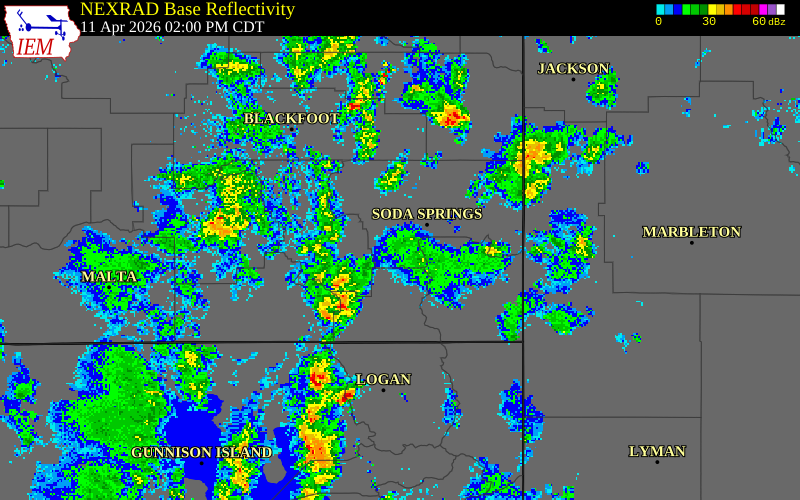 NEXRAD radar during the Saturday, April 11, 2026 storm activity in Caribou County, Idaho