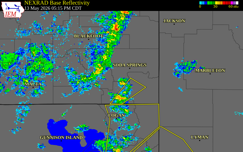 NEXRAD radar during the Wednesday, May 13, 2026 storm activity in Caribou County, Idaho
