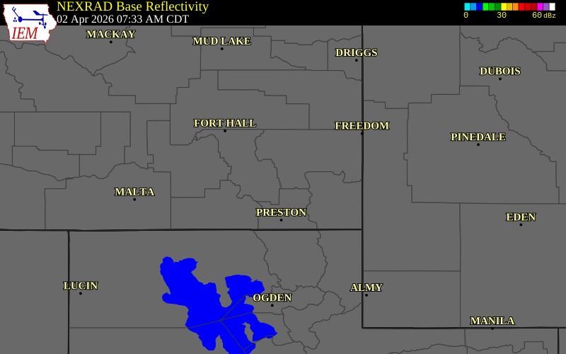 Radar snapshot during the Apr 2, 2026 wind event near 7 WSW Grace, Caribou County, Idaho, with NWS warning polygons