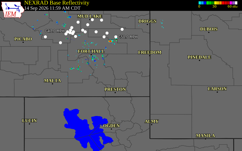 Current NEXRAD radar over Caribou County, Idaho with recent storm report locations