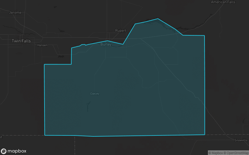 Map of Cassia County, Idaho showing the county boundary and surrounding cities
