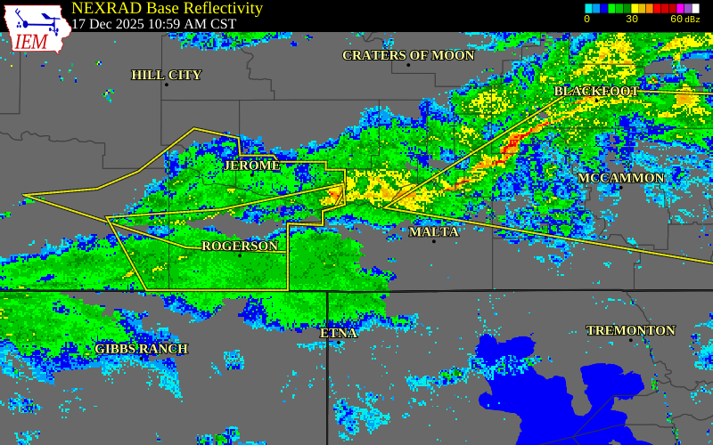 NEXRAD radar during the Wednesday, December 17, 2025 storm activity in Cassia County, Idaho