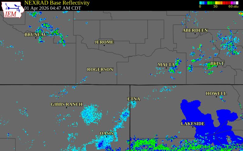 NEXRAD radar during the Wednesday, April 1, 2026 storm activity in Cassia County, Idaho