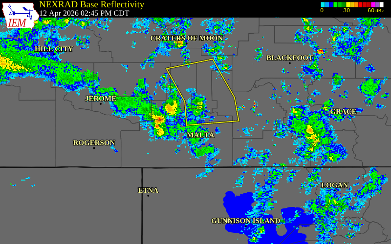 NEXRAD radar during the Sunday, April 12, 2026 storm activity in Cassia County, Idaho