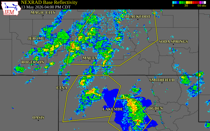 NEXRAD radar during the Wednesday, May 13, 2026 storm activity in Cassia County, Idaho