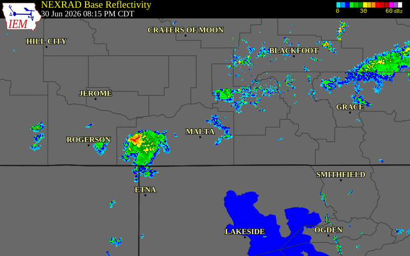 NEXRAD radar during the Tuesday, June 30, 2026 storm activity in Cassia County, Idaho