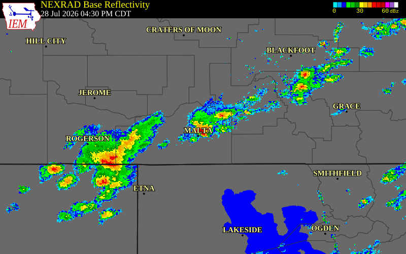 NEXRAD radar during the Tuesday, July 28, 2026 storm activity in Cassia County, Idaho