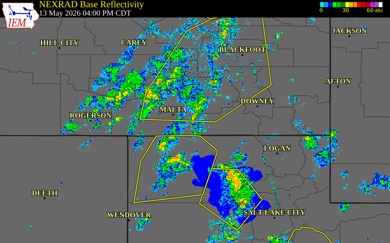 Radar snapshot during the May 13, 2026 wind event near 9 SSE Sublett, Cassia County, Idaho, with NWS warning polygons