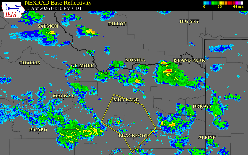 NEXRAD radar during the Sunday, April 12, 2026 storm activity in Clark County, Idaho