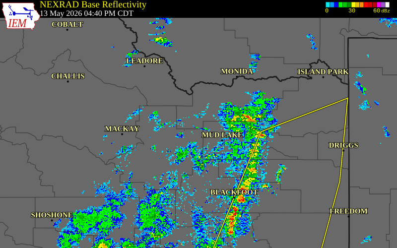 NEXRAD radar during the Wednesday, May 13, 2026 storm activity in Clark County, Idaho