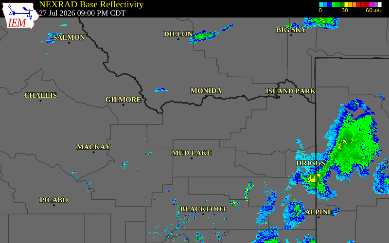 NEXRAD radar during the Monday, July 27, 2026 storm activity in Clark County, Idaho