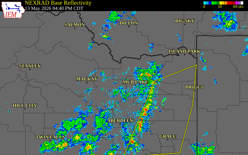 Radar snapshot during the May 13, 2026 wind event near 13 WNW Monteview, Clark County, Idaho, with NWS warning polygons