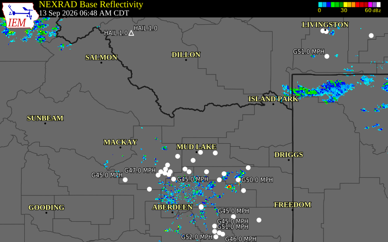 Current NEXRAD radar over Clark County, Idaho with recent storm report locations