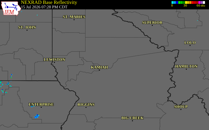 NEXRAD radar during the Wednesday, July 15, 2026 storm activity in Clearwater County, Idaho
