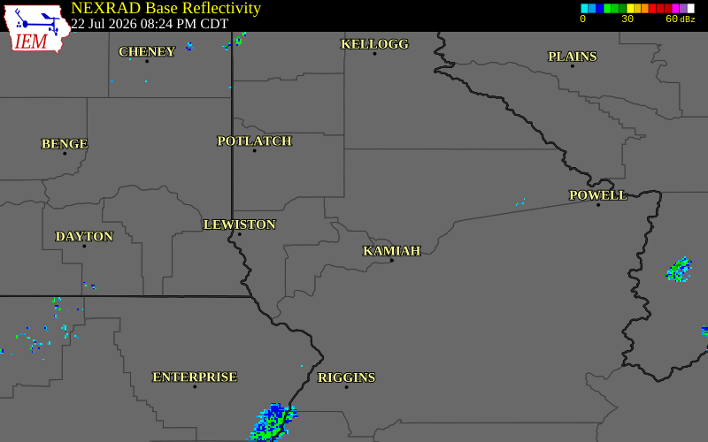 NEXRAD radar during the Wednesday, July 22, 2026 storm activity in Clearwater County, Idaho