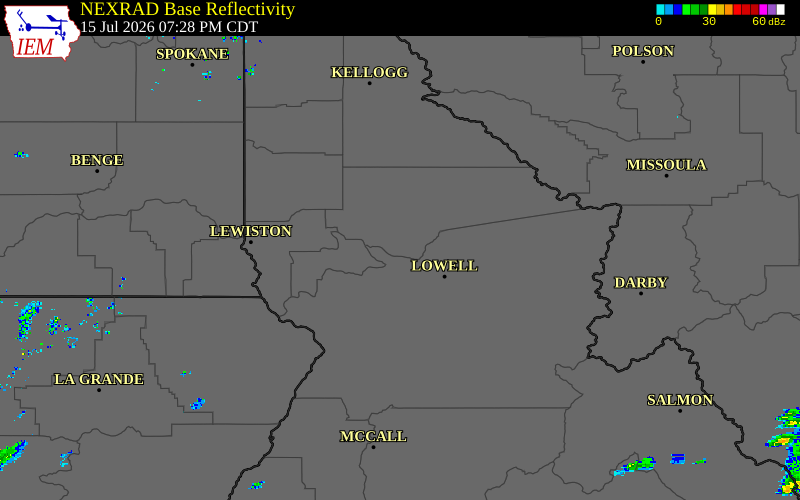 Radar snapshot during the Jul 15, 2026 hail event near 2 SSE Weippe, Clearwater County, Idaho, with NWS warning polygons