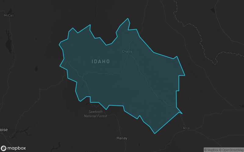 Map of Custer County, Idaho showing the county boundary and surrounding cities