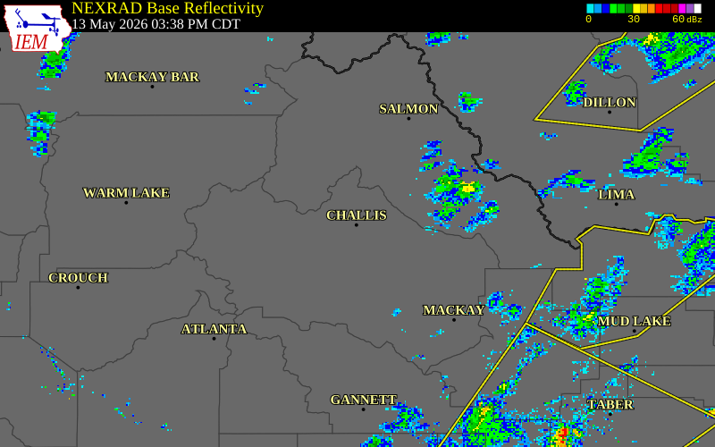 NEXRAD radar during the Wednesday, May 13, 2026 storm activity in Custer County, Idaho