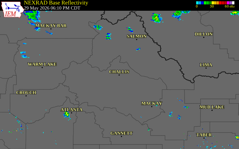 NEXRAD radar during the Friday, May 29, 2026 storm activity in Custer County, Idaho