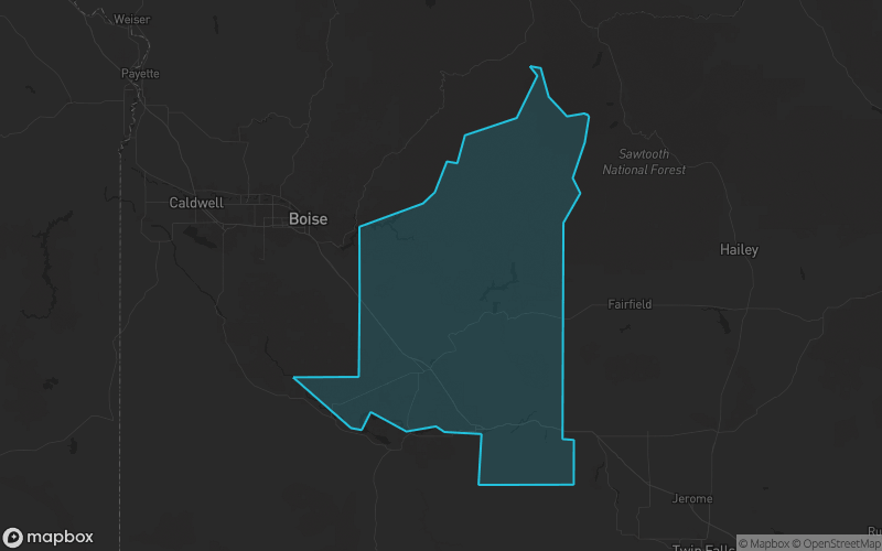 Map of Elmore County, Idaho showing the county boundary and surrounding cities