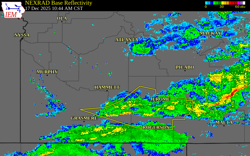 NEXRAD radar during the Wednesday, December 17, 2025 storm activity in Elmore County, Idaho