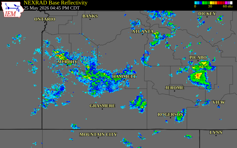 NEXRAD radar during the Monday, May 25, 2026 storm activity in Elmore County, Idaho