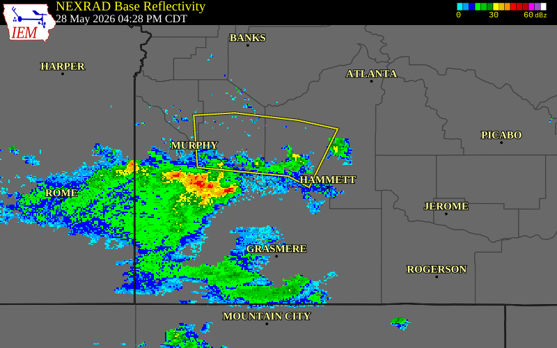 NEXRAD radar during the Thursday, May 28, 2026 storm activity in Elmore County, Idaho