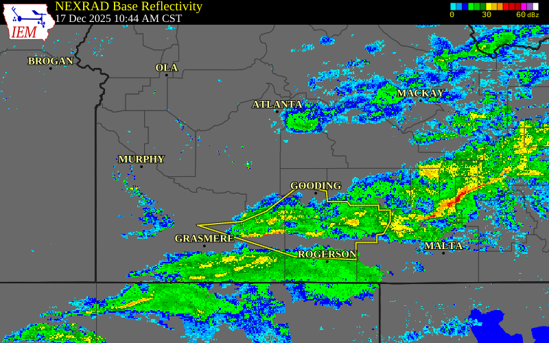 Radar snapshot during the Dec 17, 2025 wind event near 10 SSW Hill City, Elmore County, Idaho, with NWS warning polygons